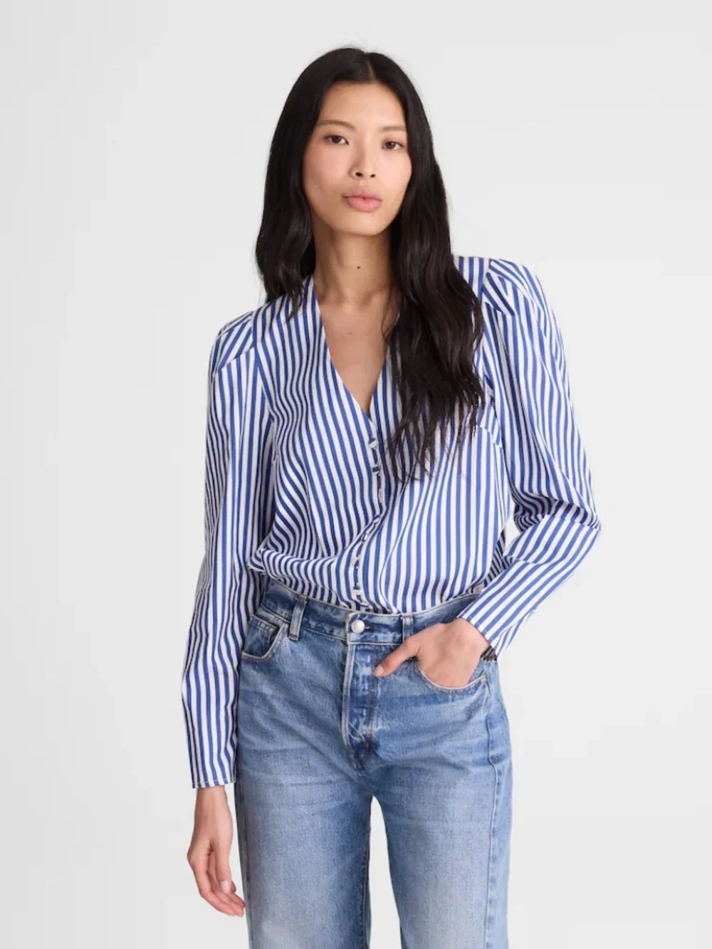 BNWT NEW Women's Madewell Stacked-Button V-Neck Striped Shirt in Poplin X-LARGE!
